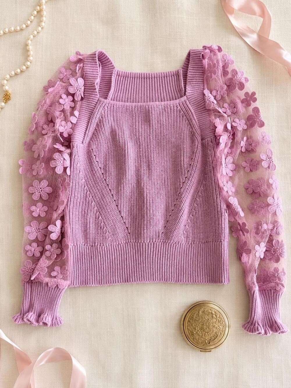 Antropologie Industry Pink Lilac Floral Mesh Applique Cotton Sleeve Sweater